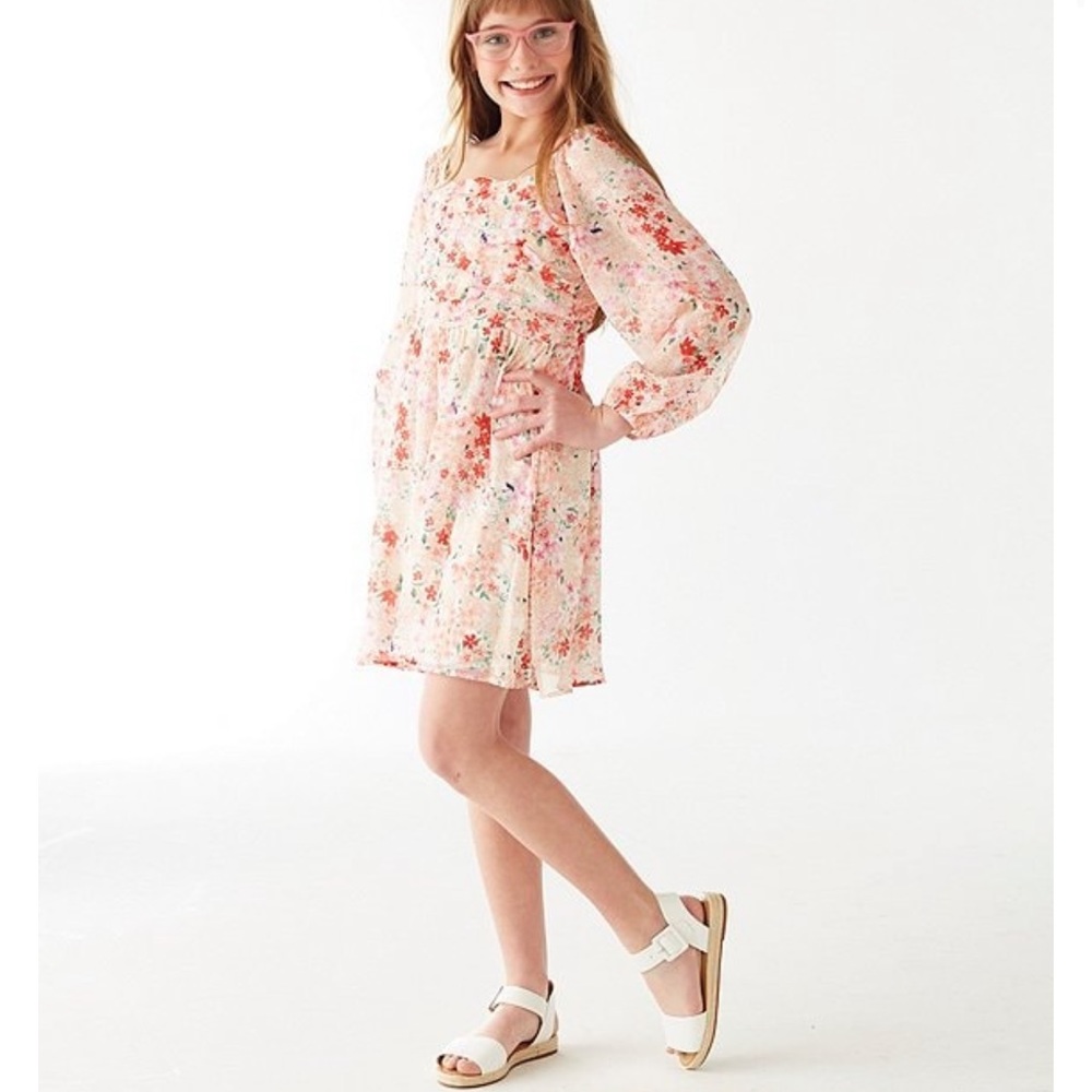 Poppies and Roses Long-Sleeve Ruched Bodice Floral Printed Knit Shift Dress - Picture 2 of 15